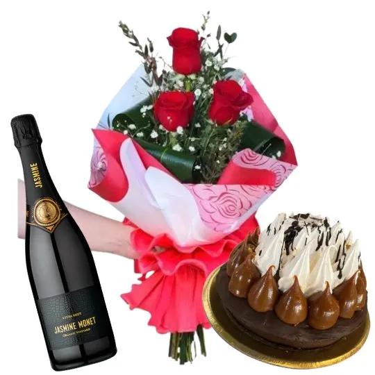 Ramo de 3 rosas importadas con torta y espumante 